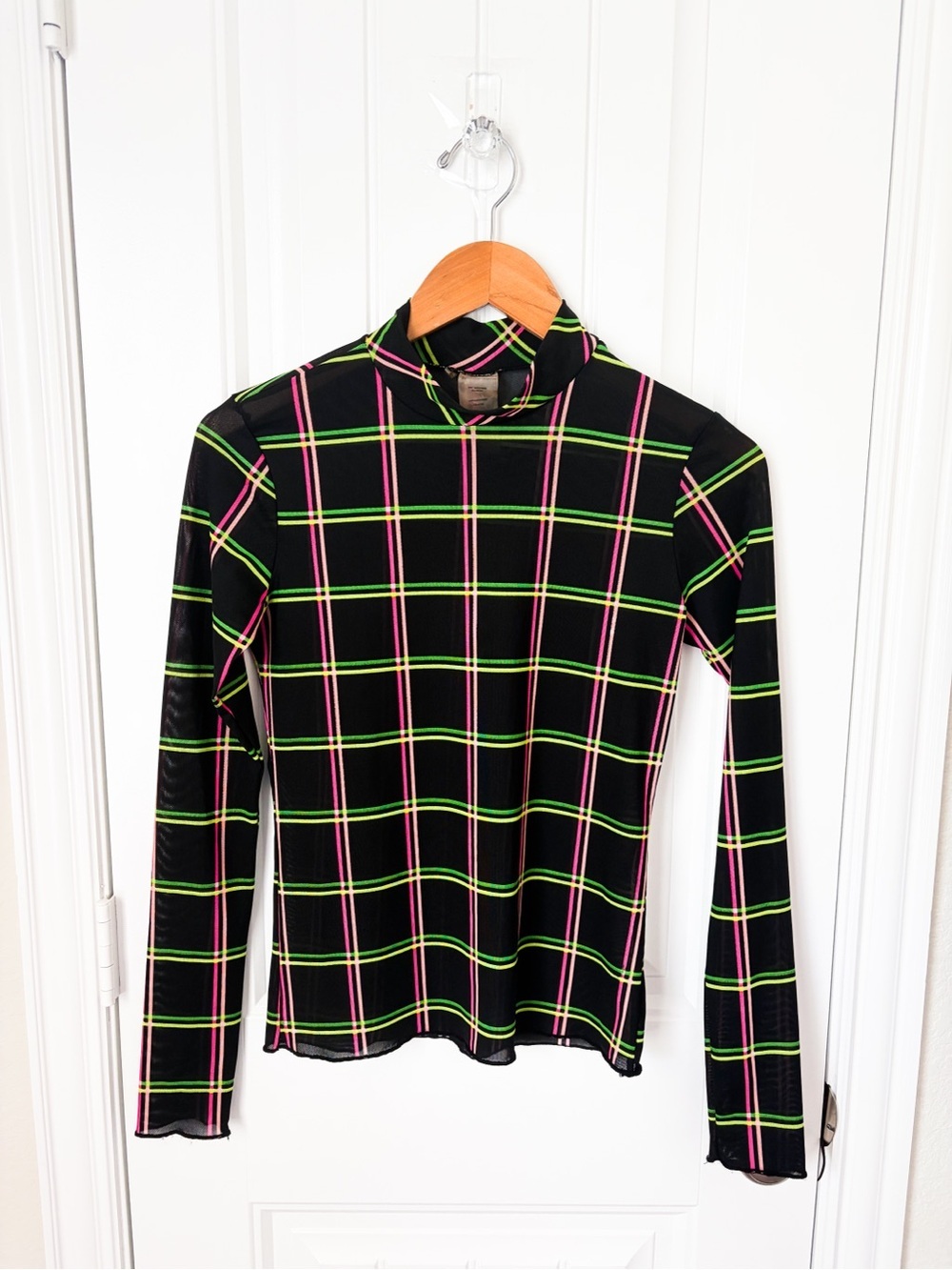 Jonathan Simkhai Plaid Mesh Mock Neck Top Black Neon Size Medium